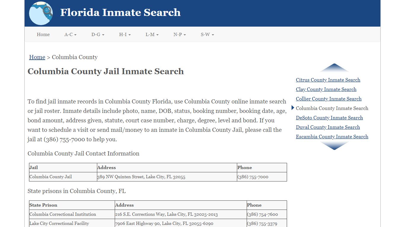 Columbia County FL Jail Inmate Search